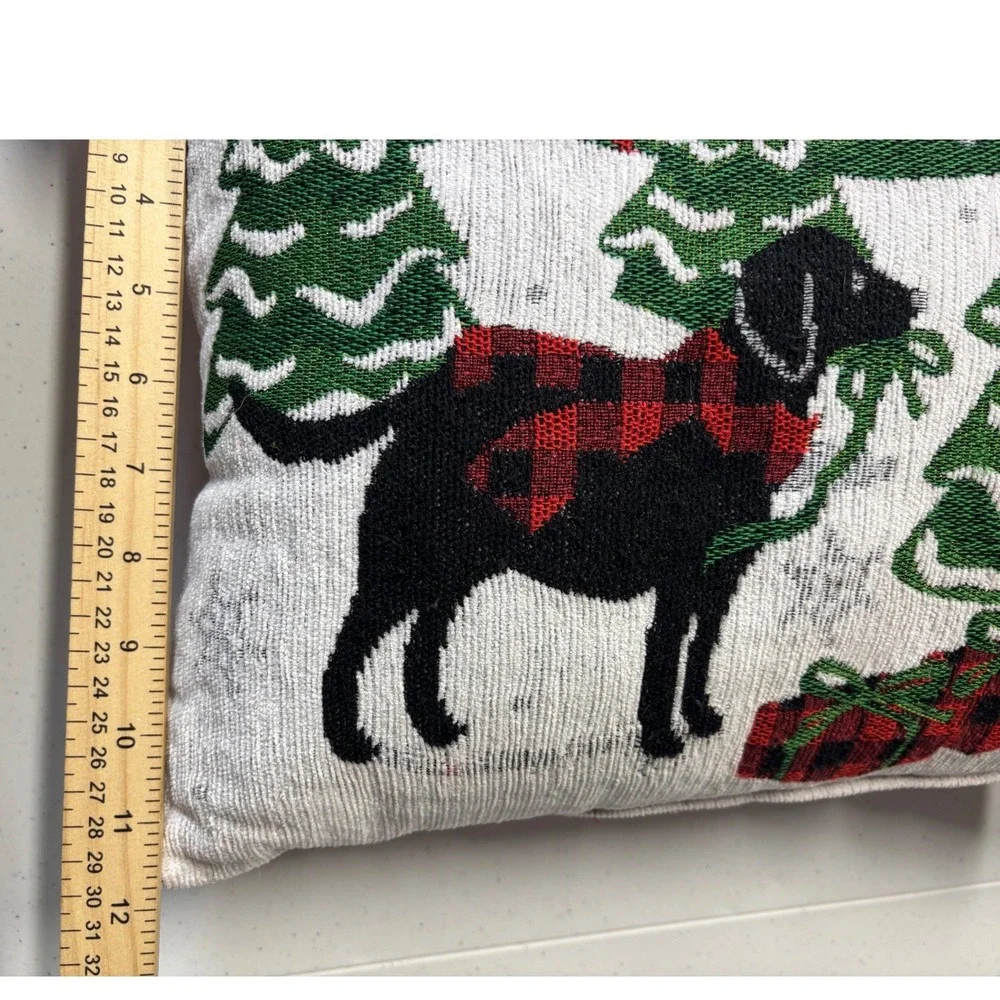 Tapestry Christmas Throw Pillow Black Lab Goldendoodle Buffalo Plaid Trees Gifts